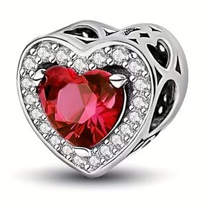 Sterling Silver Heart-Shaped Pink & Silver “July” Birthstone Charm